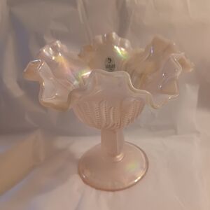 FENTON USA Art Glass Pink Opalescent Compote in the Cactus Pattern 1980s